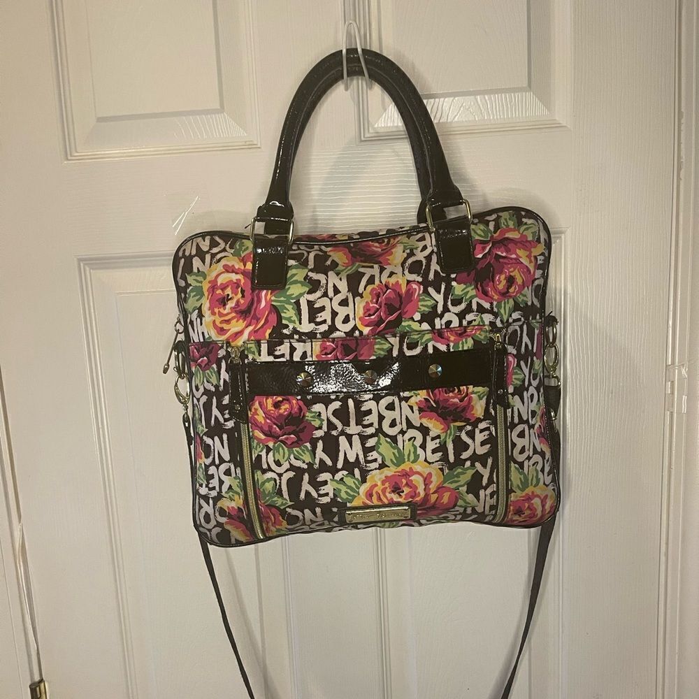 Betsey Johnson Nylon colorful large laptop shoulder bag black patent trim &strap - Picture 3 of 14